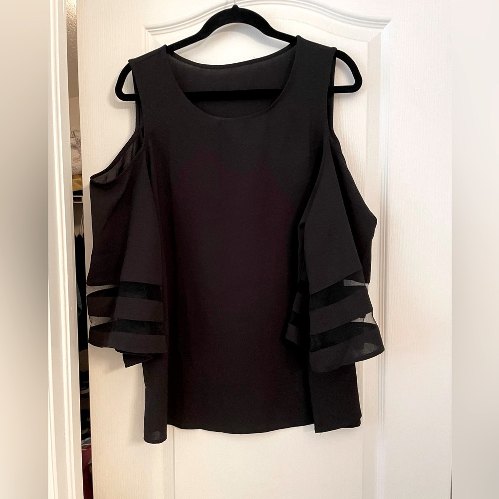 Black Cold Shoulder blouse with embellished sleeves. Sz L